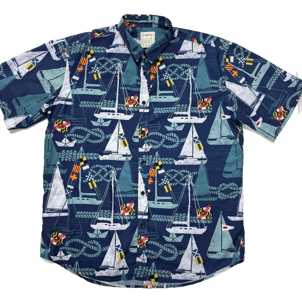 Route One Apparel Button‎ Up Shirt Mens XL Seaborn Maryland Hawaiian Blue